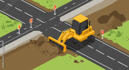 Bulldozer working on road construction, modern isometric illustration of engineering equipment and machinery