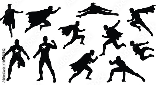 Collection of superhero silhouettes in various dynamic poses and flying through air