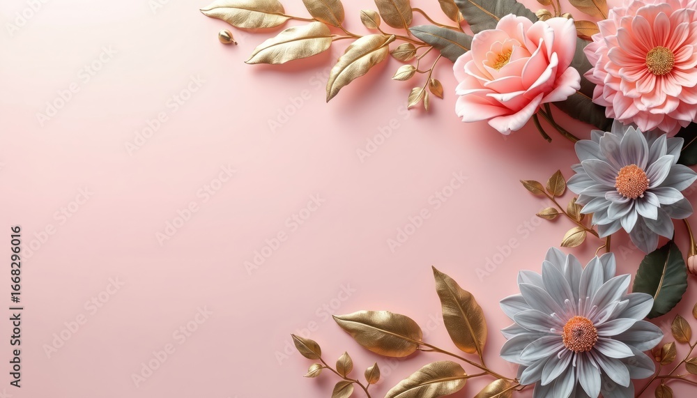 Fototapeta premium Abstract floral background with pink, pastel flowers, gold leaves. Horizontal illustration for banner design features flat lay composition, paper plastic texture, modern floral theme. Romantic spring