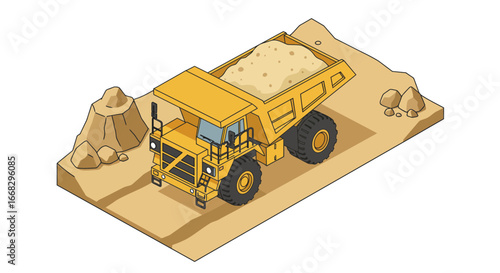 Isometric yellow dump truck hauling sand at a construction site creating industry and development visuals