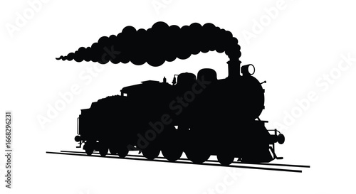 a black silhouette of a steam train on tracks with smoke
