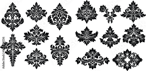 Decorative damask design elements compilation featuring ornate motifs for fabric printing and elegant wallpapers