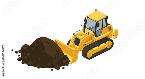 Bulldozer moving earth, construction machinery at work, heavy equipment illustration, vector graphic