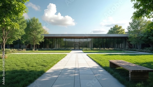 Wallpaper Mural Modern corporate campus with serene landscaping, architecture. Features glass-fronted building, manicured lawns, trees, concrete pathway. Wooden bench sits on grass, suggesting peaceful outdoor Torontodigital.ca