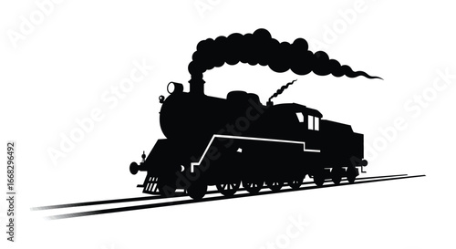 a black silhouette of a steam train on tracks with smoke