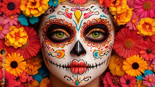 Woman wearing calavera catrina makeup posing with colorful flowers for day of the dead celebration