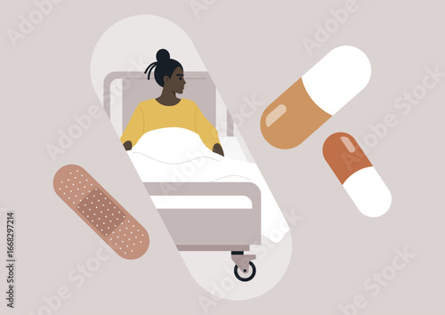 A patient sits in a hospital bed, wrapped in white sheets, amidst various pills and capsules. The ambience conveys a blend of care and the healing power of medication.