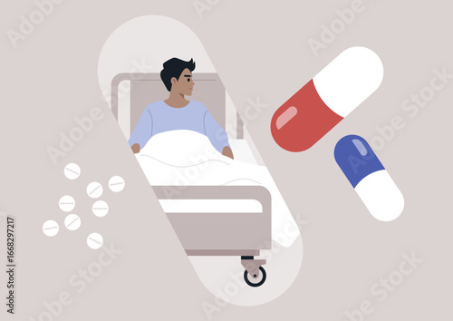A patient sits in a hospital bed, wrapped in white sheets, amidst various pills and capsules. The ambience conveys a blend of care and the healing power of medication.