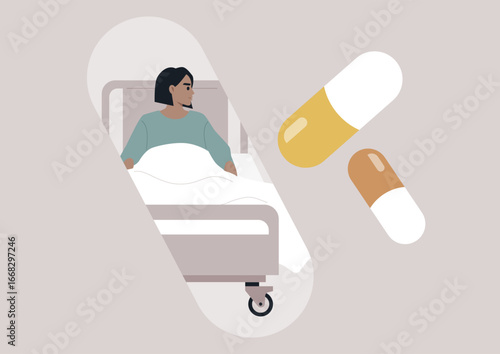 A patient sits in a hospital bed, wrapped in white sheets, amidst various pills and capsules. The ambience conveys a blend of care and the healing power of medication.
