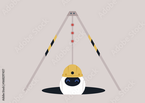 A cute robot wearing a hard hat swings gently beneath a sturdy construction frame securing the confined space entrance, emphasizing safety and innovation in an engaging and imaginative setting