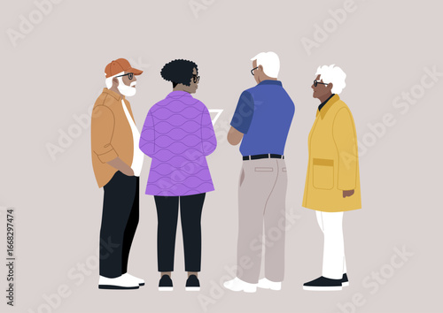 A group of five senior individuals share ideas during a casual afternoon gathering, deep in conversation about upcoming community initiatives and events