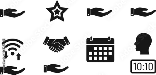 Business icons, handshake, star, calendar, clock, head profile, wifi signal, hand gesture, black silhouette, flat design, digital illustration, symbol collection, time management, partnership concept