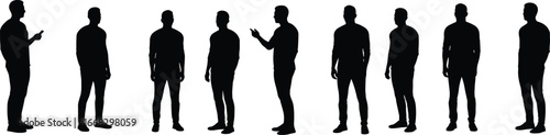 Group of men standing and using smartphone, silhouette style, social interaction, communication, casual posture, teamwork, modern lifestyle, isolated white background.