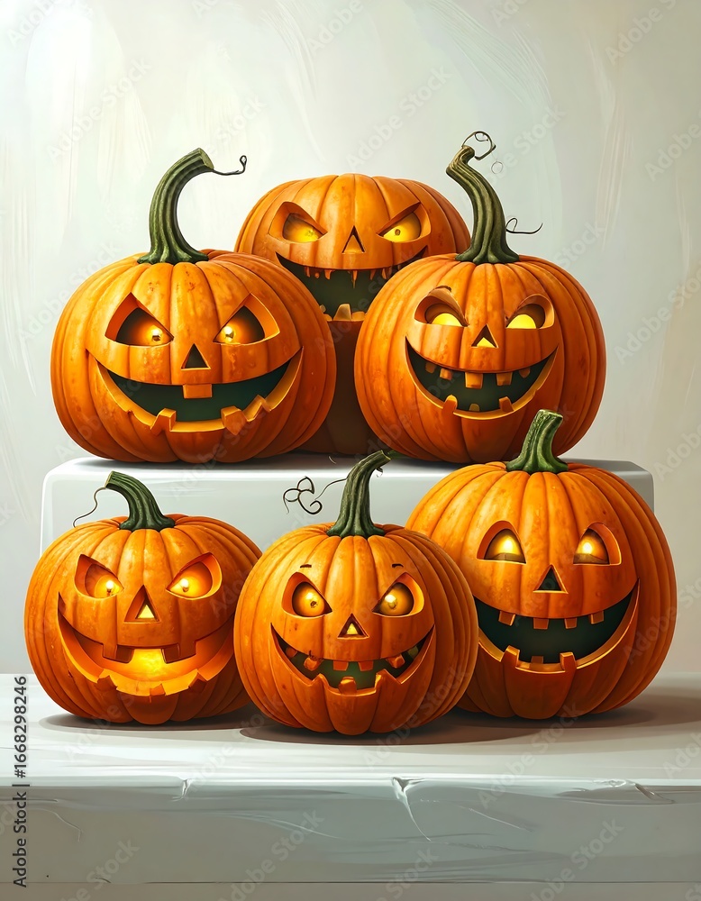 Fototapeta premium A grouping of jack-o'-lanterns, each with a distinct, playful expression, sit atop a light gray surface, evoking a Halloween mood.