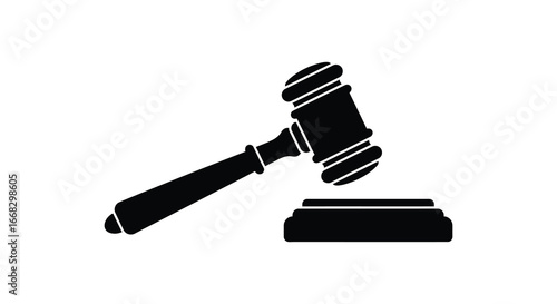 A black silhouette of a gavel and sound block on a white background