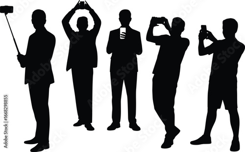 Silhouettes of men using smartphones, taking selfies, recording videos, capturing photos, modern mobile technology, isolated on white background, lifestyle concept.