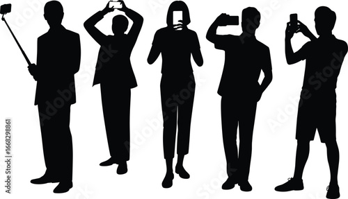 Silhouettes of people taking selfies, using smartphones, filming with phones, isolated on white background, modern digital lifestyle, mobile photography concept.