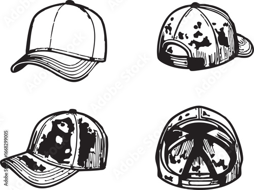 Baseball cap vector illustration: blank, camo, and interior views eps silhouette