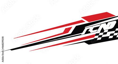 A red black and white racing logo with checkered flag pattern