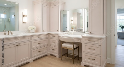 Bright, Luxurious Bathroom with White Double Vanity, Marble, and Dedicated Makeup Area.