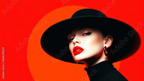 Wallpaper Mural A striking portrait of a sophisticated woman wearing a large black hat and bold red lipstick against a vivid red background, embodying confidence and modern fashion trends. Torontodigital.ca