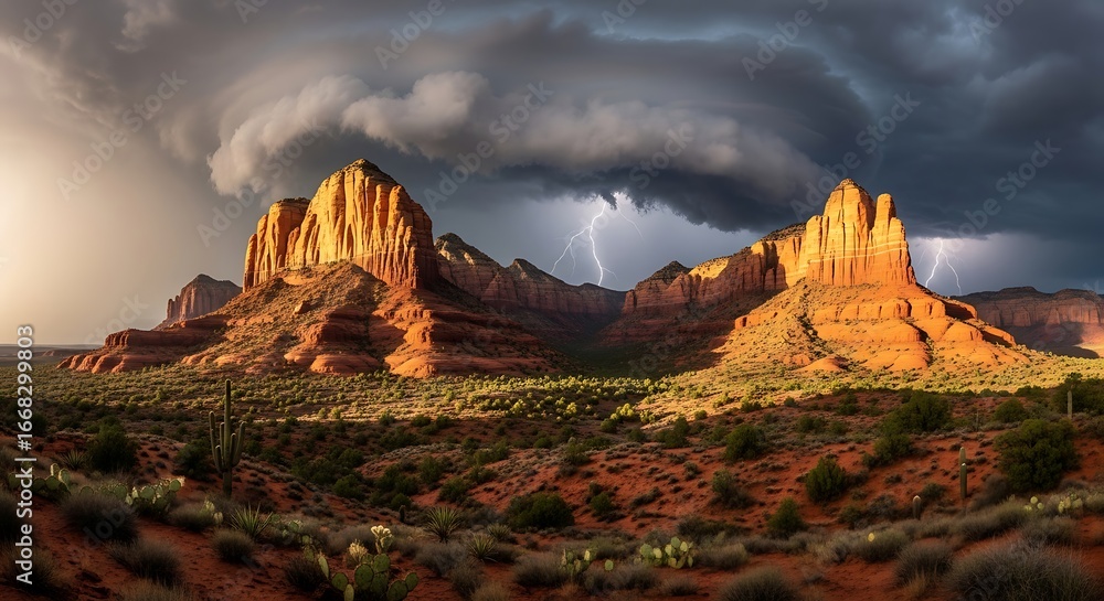 Naklejka premium Dramatic desert landscape with towering rock formations under a stormy sky with lightning strikes