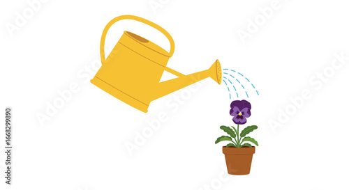 A yellow watering can pouring water on a purple flower in a pot