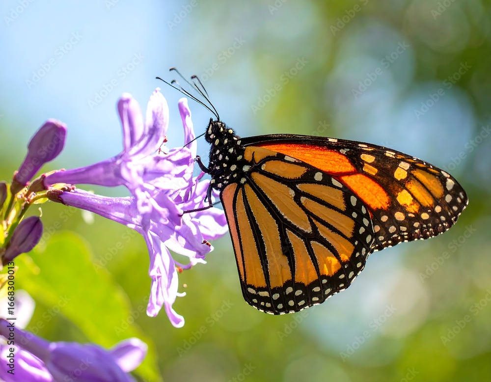 Fototapeta premium A monarch butterfly sips nectar from a vibrant purple flower, showcasing its intricate orange and black wings against a soft, out-of-focus background.