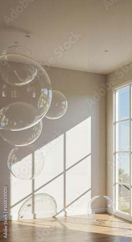 Clear orbs floating in sunlit room with wooden floor and shadows