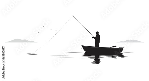 Man fishing from a small boat on calm water with birds flying overhead