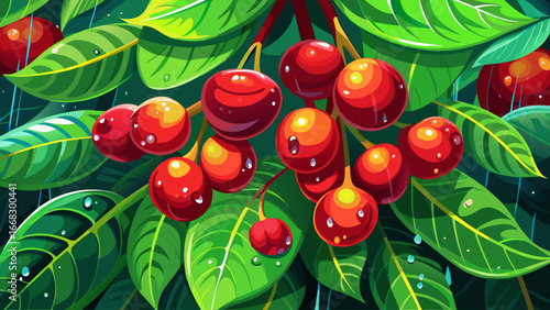 Red Coffee Cherries Amidst Tropical Rainfall
Scarlet coffee cherries shimmer beneath raindrops, vibrant green leaves glisten, rainforest air hums with renewal, tropical essence awakens senses, promisi