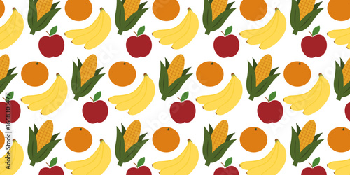 Orange Apple Banana bunch and Corn Seamless Pattern Colorful Fruit Seasonal or Kwanzaa Thematic Fond