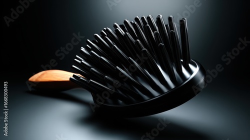 An artistic composition of an elegant hairbrush with a wooden handle set against a dramatic dark background, highlighting beauty tools as objects of style and care.