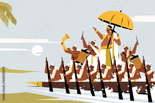 Mythological king 'Mahabali' with a traditional boat race team. Concept of Onam festival in Kerala