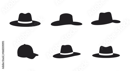 Collection of black silhouette hats in various angles and styles