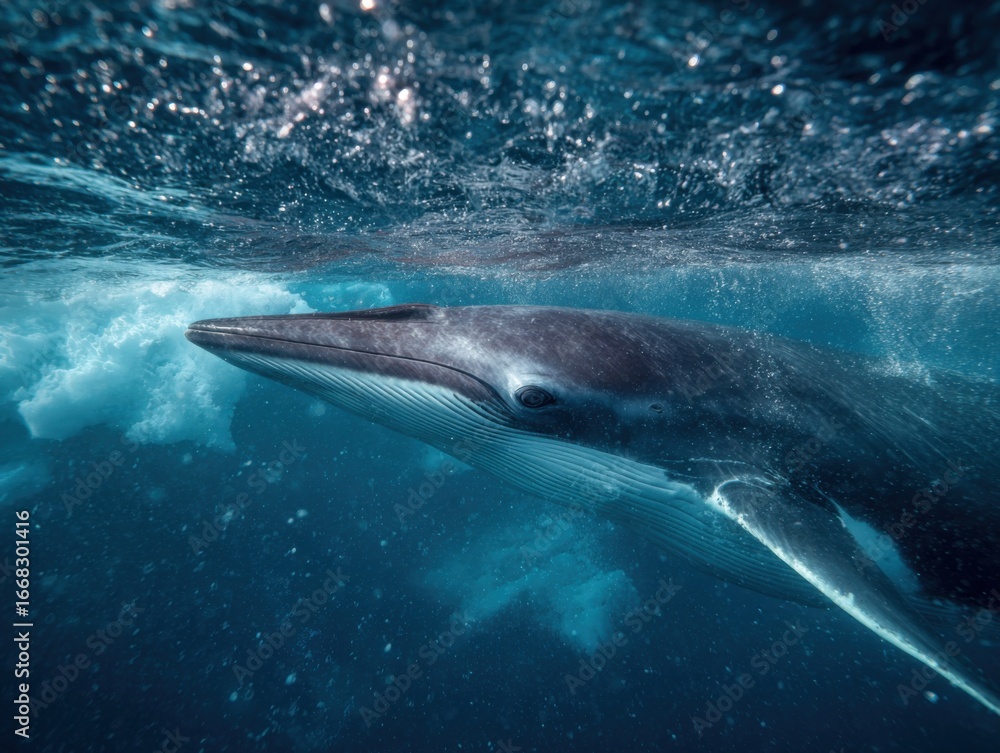 Fototapeta premium Majestic Whale Gracefully Swimming in Deep Ocean Waters with Mouth Open Capturing the Serenity and Power of Marine Life in a Vibrant Underwater Scene