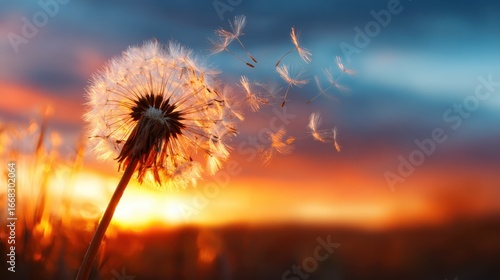 Wallpaper Mural A dandelion puff glows against a breathtaking sunset, as delicate seeds drift away, symbolizing the beauty of nature and the passage of time in a tranquil moment. Torontodigital.ca