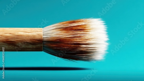 An elegant close-up of a makeup brush against a striking turquoise background, showcasing the soft bristles and artistry involved in applying cosmetics with professionalism and style.