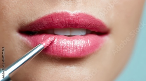 A close-up of a model applying glossy pink lipstick to her lips, showcasing a beauty routine that highlights fashion, self-care, and allure in a modern context.