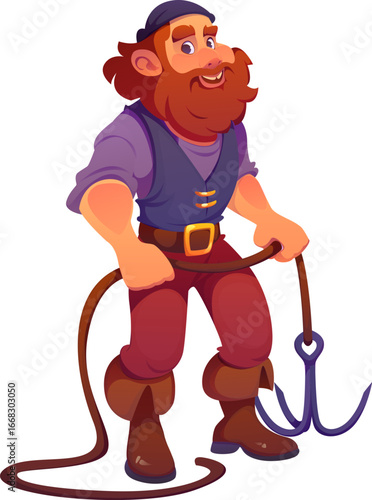 Pirate ship crew character, cartoon cheerful corsair sailor with a beard brandishes grappling hook ready for adventure on the high seas. Isolated vector swashbuckling, adventurous buccaneer in bandana