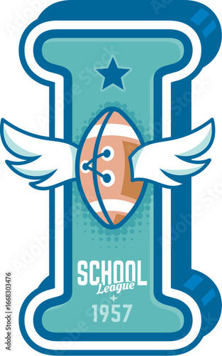 Varsity sport patch label with letter I, featuring flying American football or rugby ball with wings and a star. Retro school league emblem with a 1957 date. Vector vintage typography for athlete club