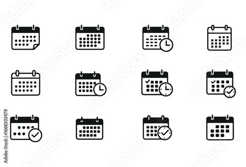 Calendar icon set in black and white minimalist style. Includes various calendar symbols with dates, clocks, and check marks. Perfect for apps, websites, business presentations, scheduling, planning, 