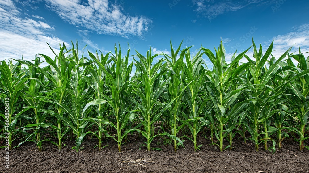Obraz premium Lush green crop growing in soil under a blue sky. Farm field with crops in various stages of growth, vibrant green leaves contrasting the rich, brown soil.