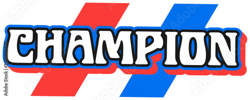 Car track race champion Y2K retro sticker or tag. Formula 1 championship Y2K vector tag, drag race motorsport retro patch. Speed racing competition vintage sticker with colorful retro typography word