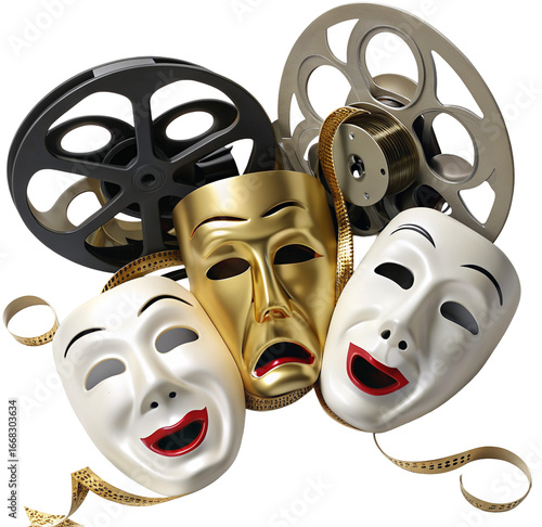 Vintage film reels and theater masks symbolizing cinema's timeless drama and comedic brilliance