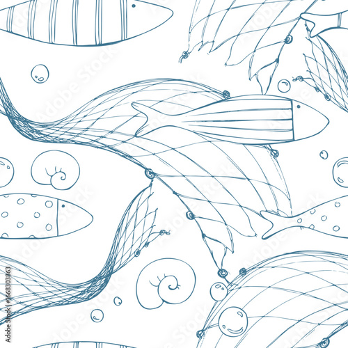 Large sweeping nets, fish and bubbles weaving across pale aqua surf with dynamic arcs. Hand-drawn ink line art illustration. Seamless pattern for beach accessories, tote linings and apparel.