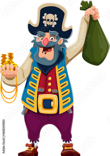 Cartoon pirate and corsair character holding gold coins and bag of treasure. Isolated vector bearded medieval sailor, funny personage with happy expression wearing captain hat with crossbones emblem