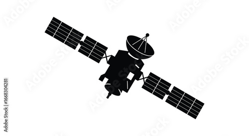 Black silhouette of a satellite in space with solar panels and antenna