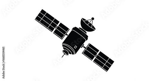A black and white illustration of a satellite in space with solar panels