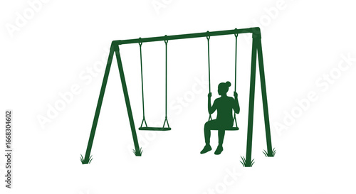 A green silhouette of a child on a swing set against a white background